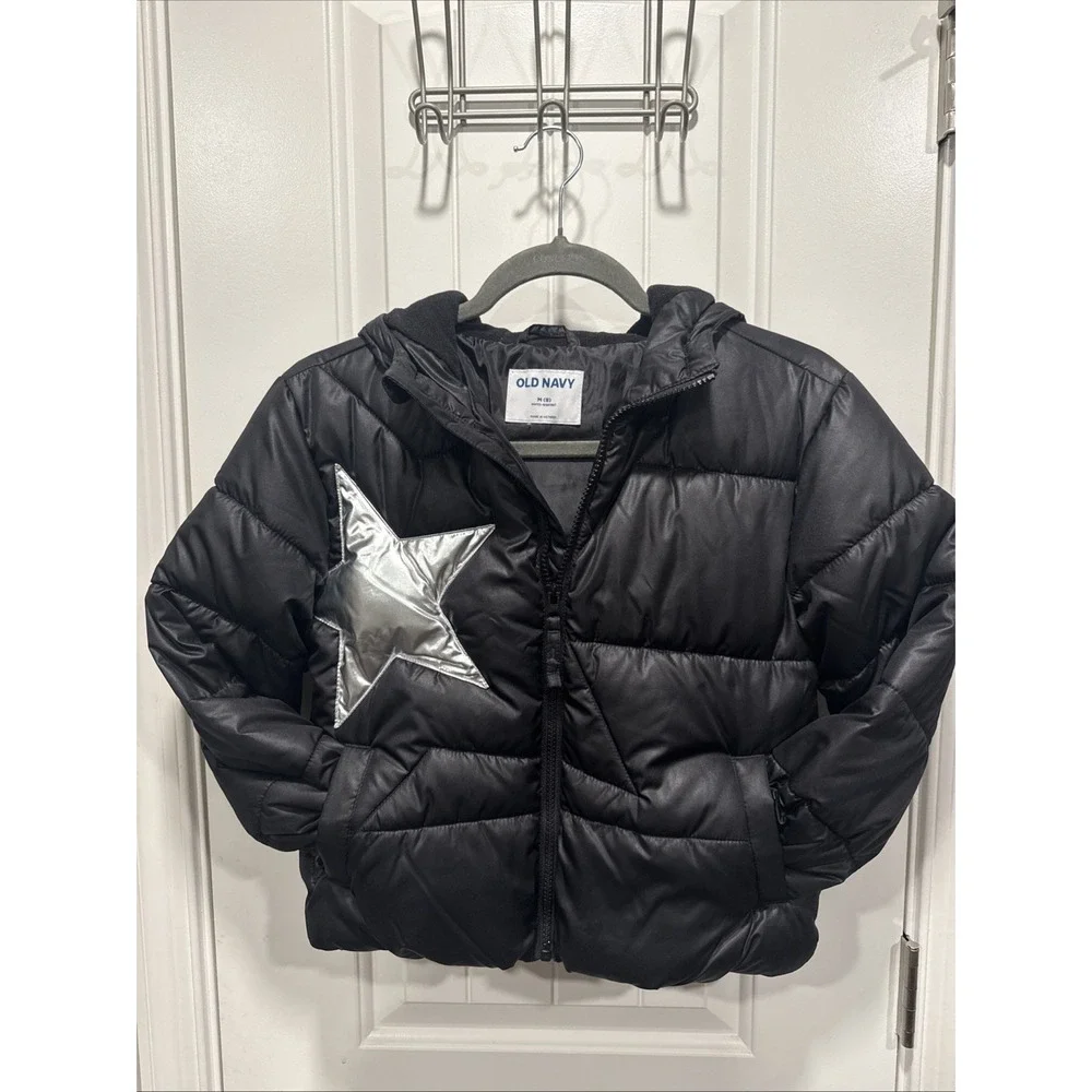 Old Navy Black Hooded Coat Puffer Jacket SZ M (8) Girls
